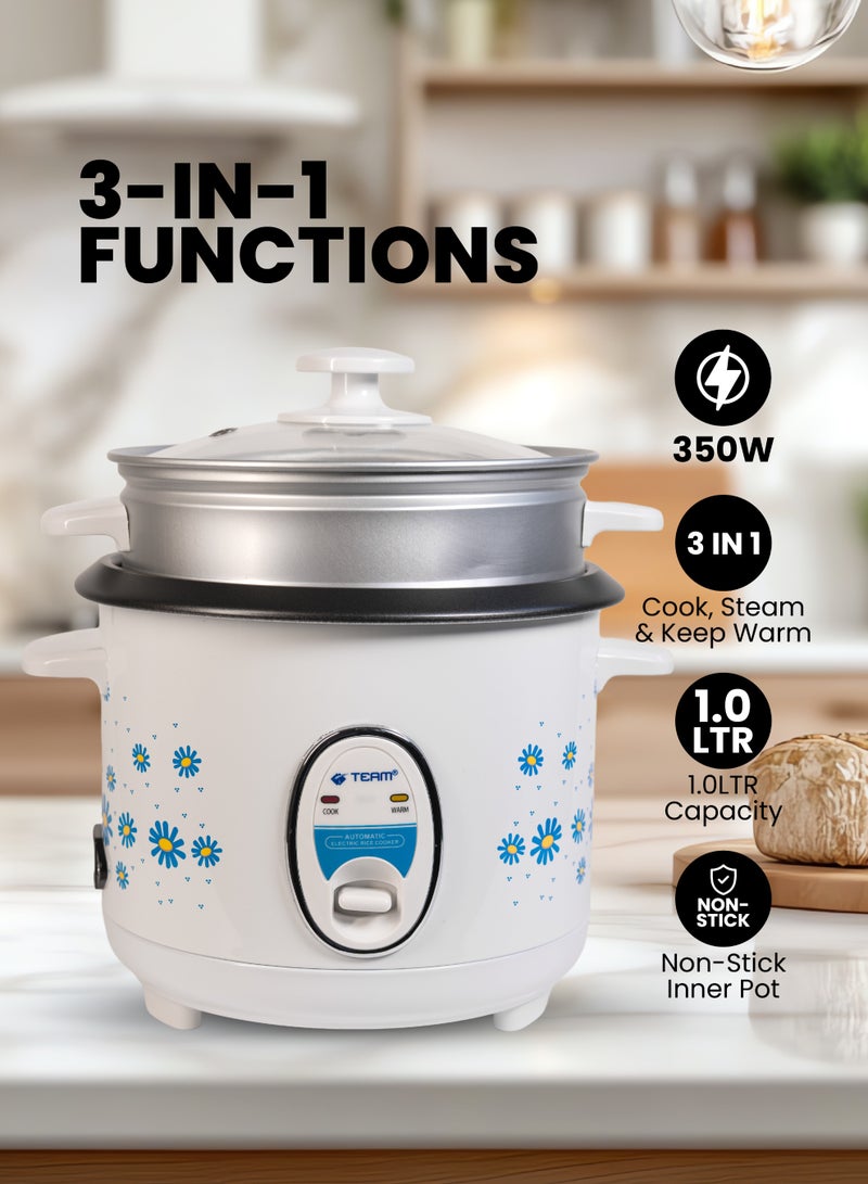Team 1L Rice Cooker with Steamer – Non-Stick Pot, 400W Electric Cooker with Auto Warm Function, Compact Mini Rice Maker for Home,  Dorm & Travel – Includes Glass Lid & Steaming Tray – 220V - Image 2